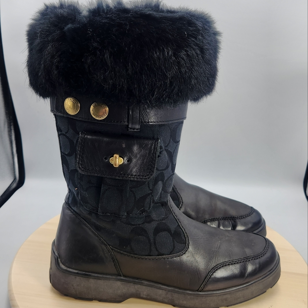 Coach Womens Black Fur Trimmed Boots aprox 10 inches
